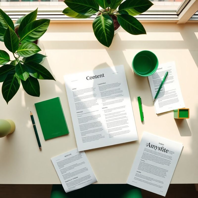 Mesa editorial com fluxo de trabalho organizado em tons de verde-floresta e creme