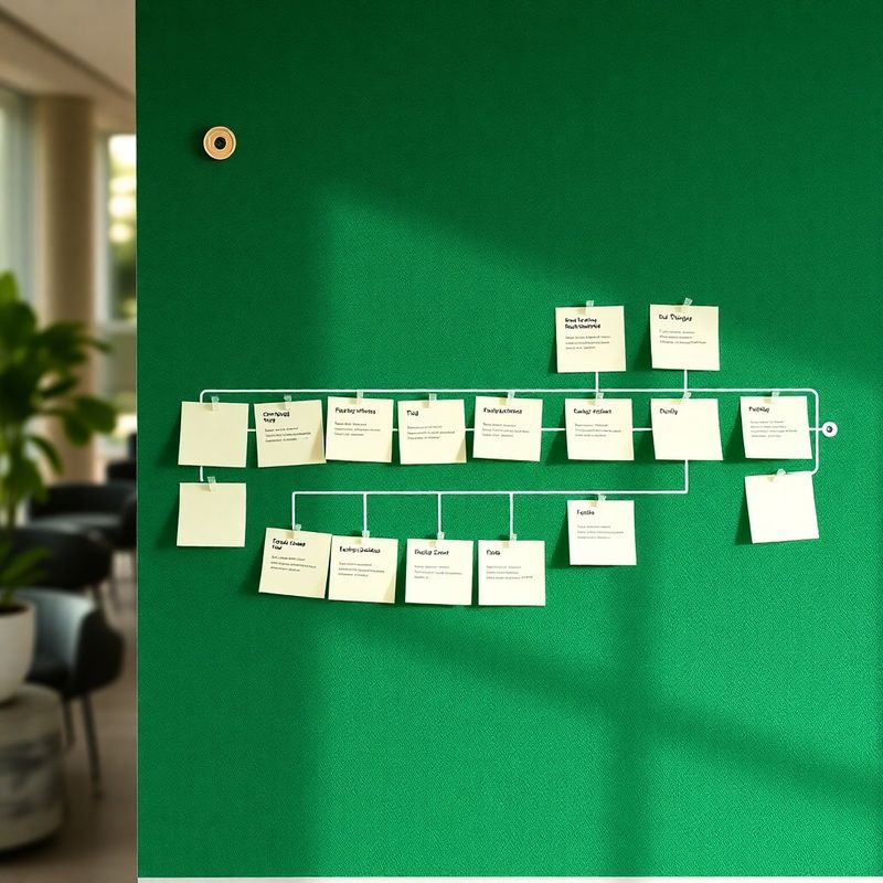 Mapa de processo editorial pregado em painel verde-floresta com notas adesivas