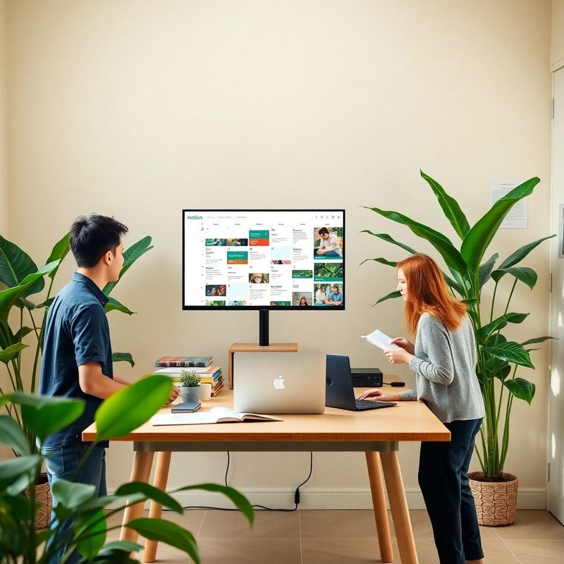 Pequena equipe brasileira colaborando ao redor de monitor com calendário editorial